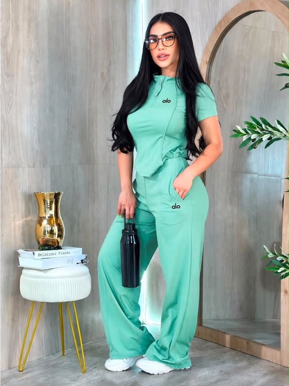 ALO Yoga Mint Green Short Sleeve Hoodie with Wide Leg Pants